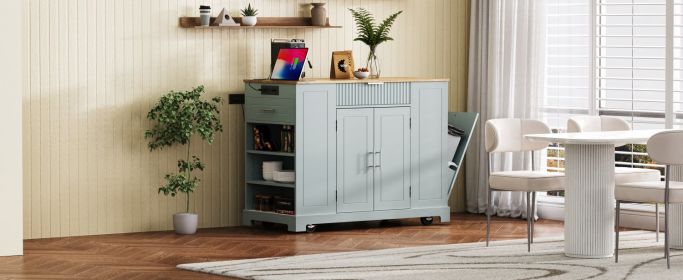 K&K Fluted Kitchen Island with Trash Can Storage Cabinet, Power Outlet, Internal Storage Rack, Rolling Kitchen Islands on 5 Wheels with 3 Drawer